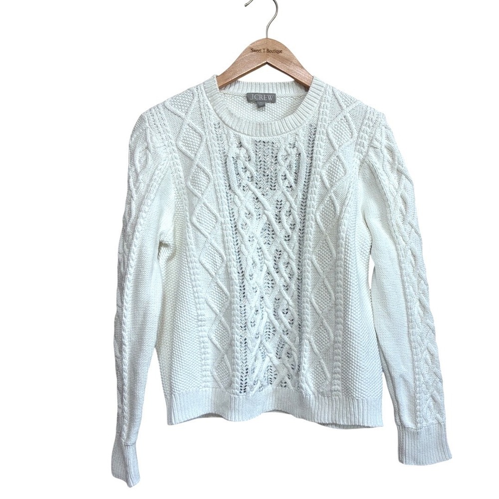 J. Crew XL White Beaded Cable Knit Cotton Pullover Sweater Fishermen Cozy Preppy